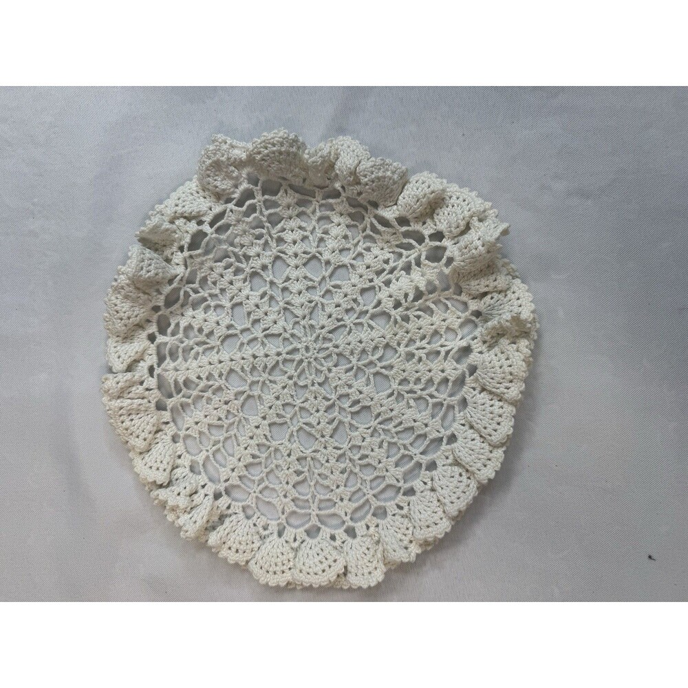 Vintage Handmade Off White Crocheted Circular Doily Ruffled Edge 9"  Cottagecore